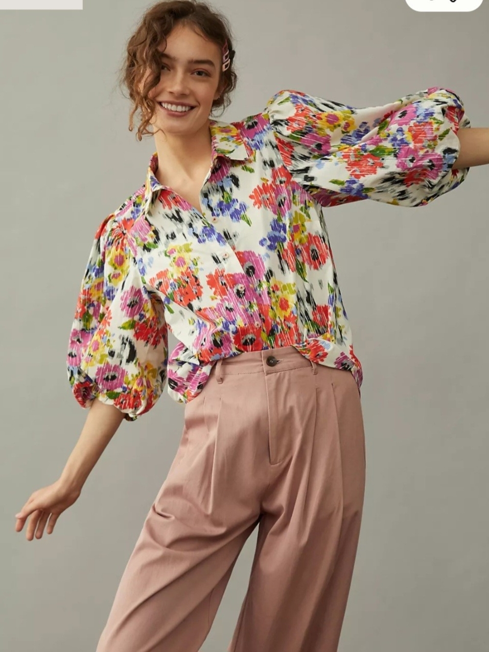 Maeve Multicolor Floral Puff-Sleeve Button-Down Shirt